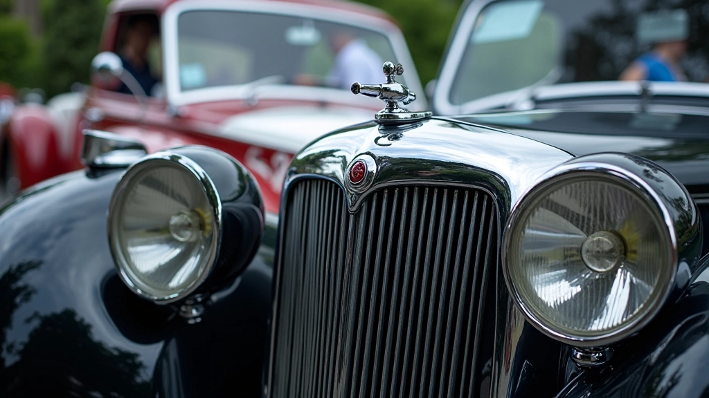Close-up of classic car's chrome details and polished hood with reflection of trees