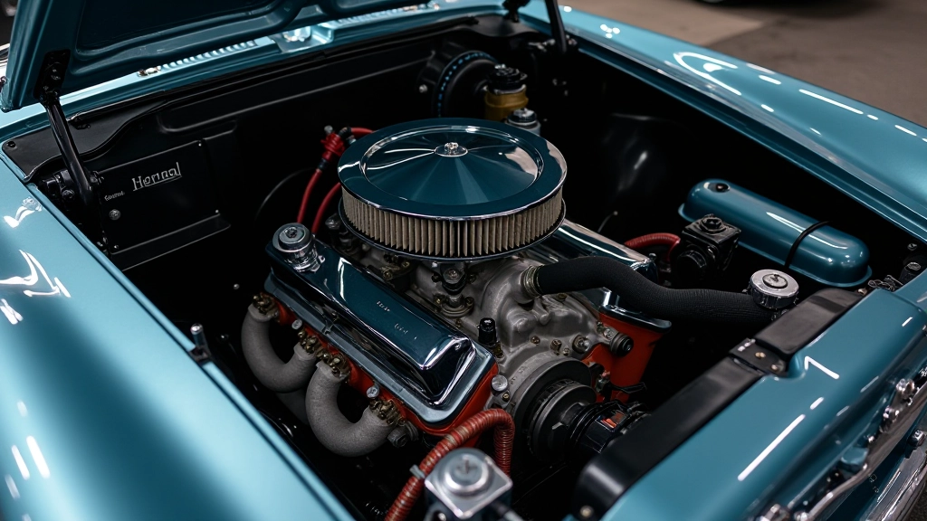 Meticulously detailed engine bay showing properly routed hoses, clean original-style components, and professional restoration work meeting concours standards