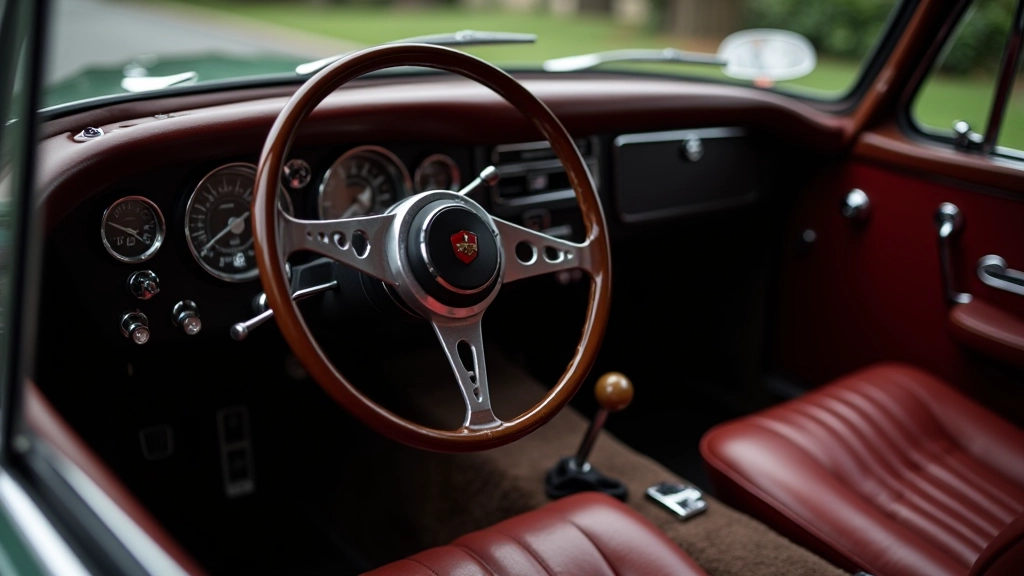 Detailed view of classic car's interior dashboard and steering wheel showing careful restoration work and authentic original details