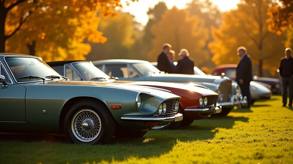 Autumn-colored landscape with classic cars displayed at outdoor show, golden light