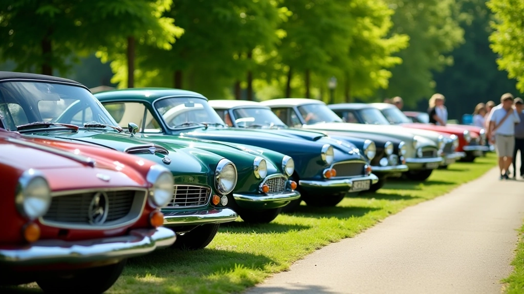 Multiple classic cars displayed at outdoor concours event, sunny day with green trees in background