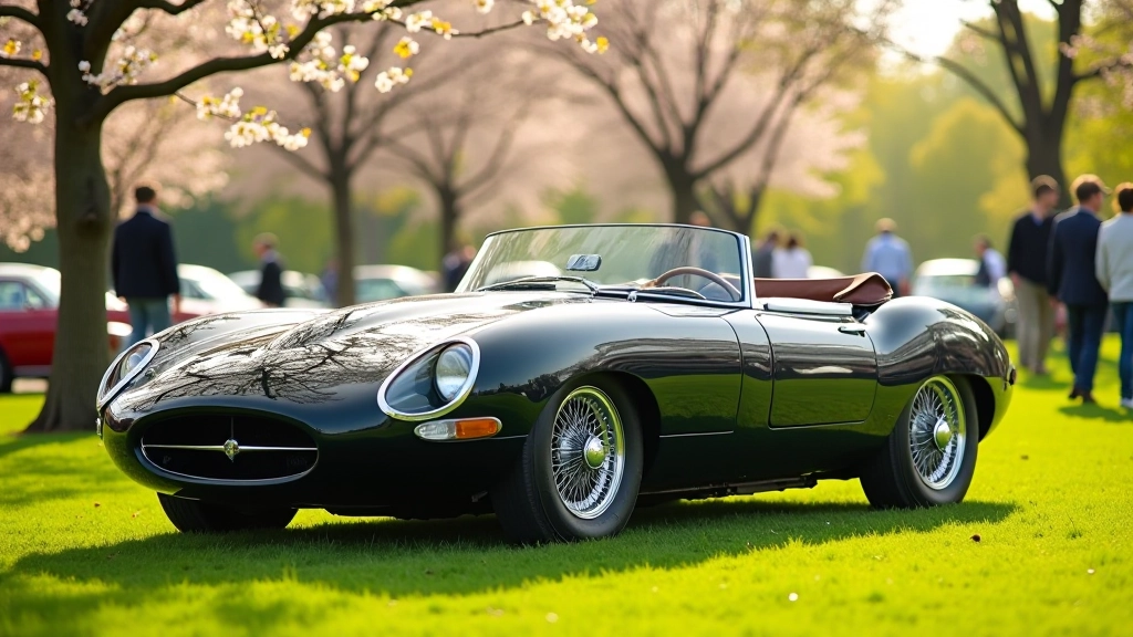Classic convertible on display at spring car show with blooming trees in background and soft natural lighting