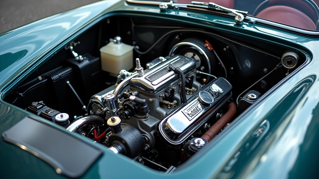 Classic sports car engine bay with detailed mechanical components and chrome detailing