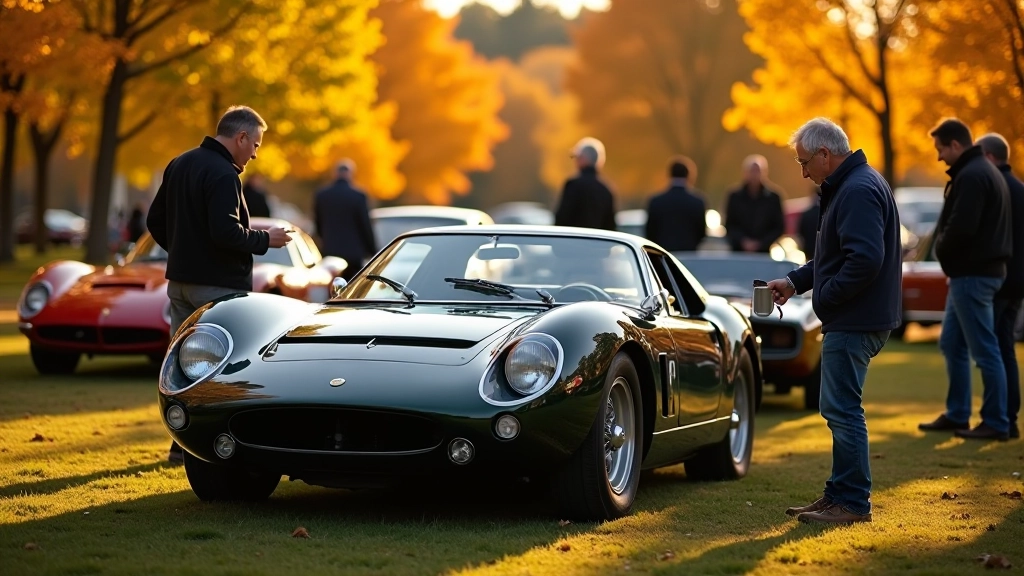 Heritage sports car displayed at fall concours event with autumn foliage background and golden afternoon light