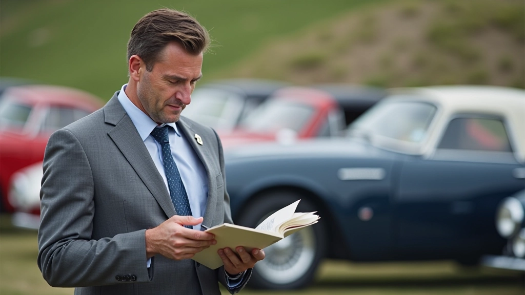 Collector reviewing auction catalog and pricing guides at concours event with multiple heritage vehicles displayed