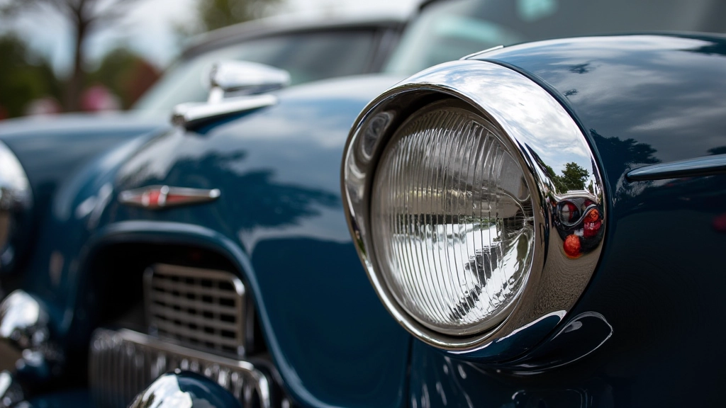 Polished vintage car hood reflecting sky at outdoor car show with multiple vehicles visible in background