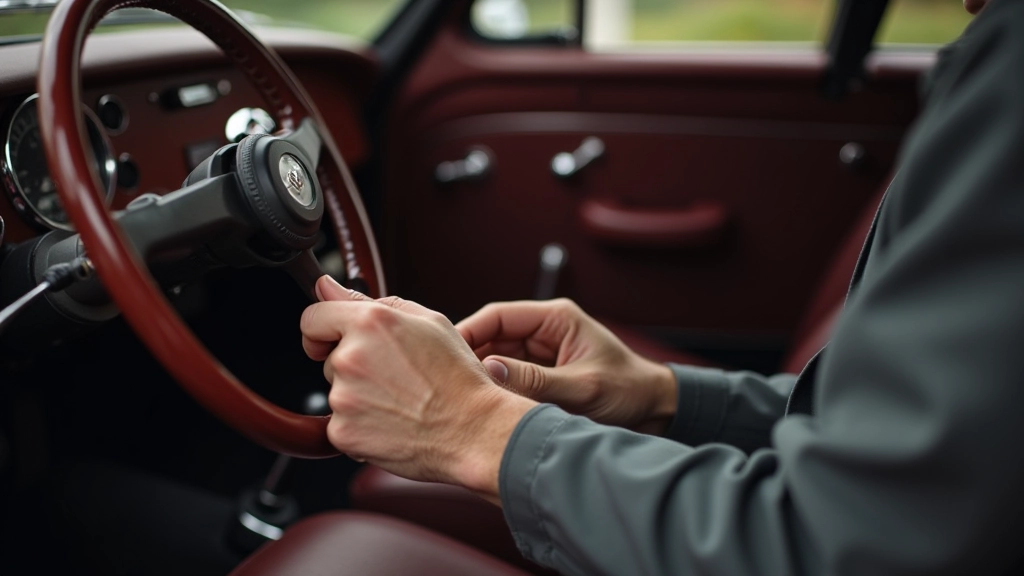 Hands of collector examining details on classic car