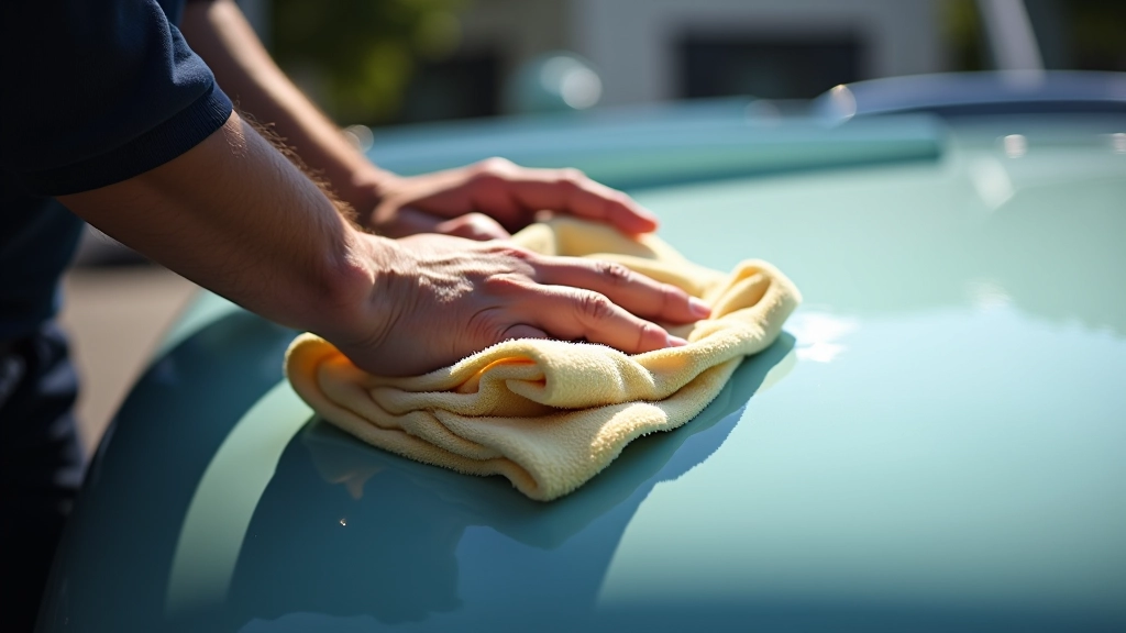 Expert hands polishing classic car's painted surface with microfiber cloth, showing professional detailing technique with proper lighting and buffing motion