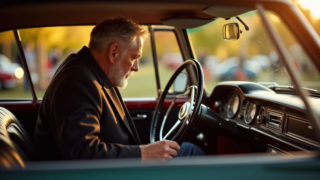 Person in professional attire examining vintage car interior details at concours judging station