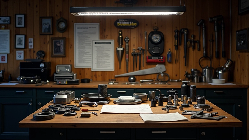 Organized restoration workspace with tools, parts, and documentation spread out showing methodical preparation approach for concours competition