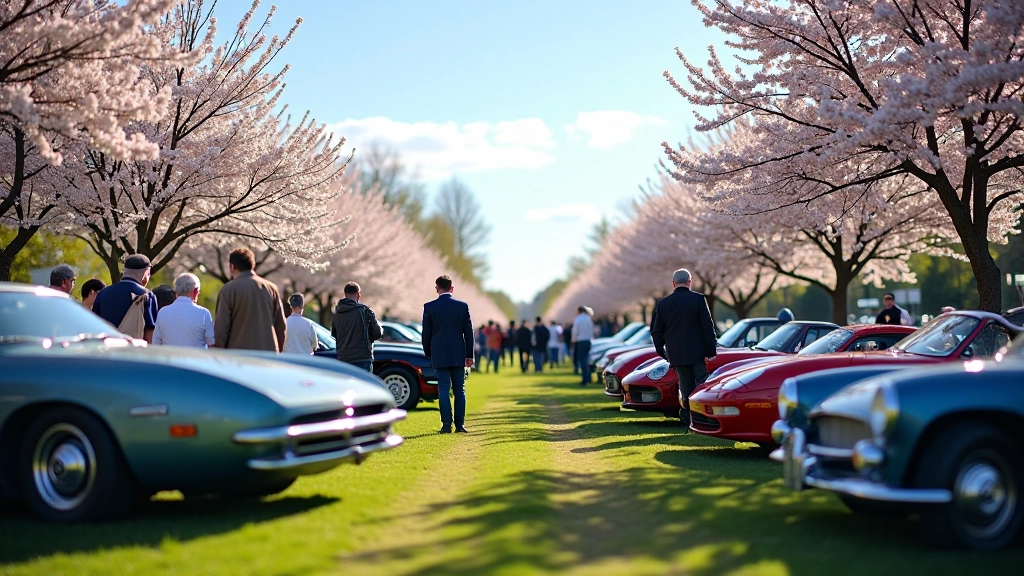 Collectors walking between parked vintage cars at springtime concours, blue sky and flowering trees