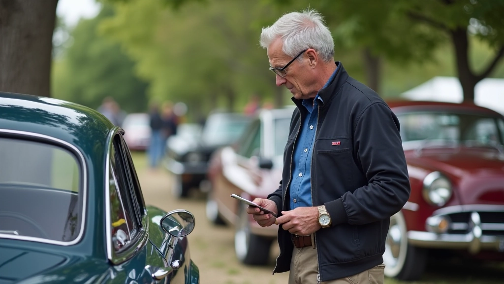 Collector examining a vehicle's details at concours