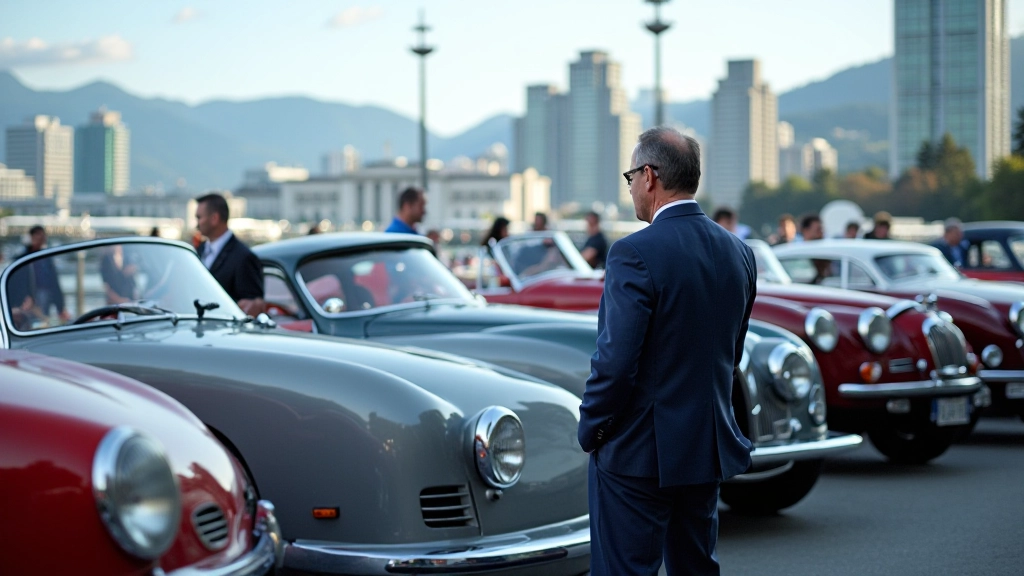 Vancouver waterfront with historic cars displayed, city skyline and harbor in background