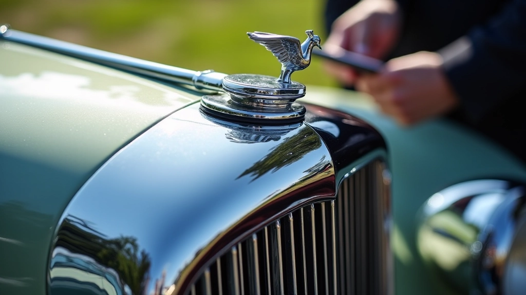 Close-up detail shot of polished vintage car chrome and hood with judge examining paint quality in soft spring sunlight