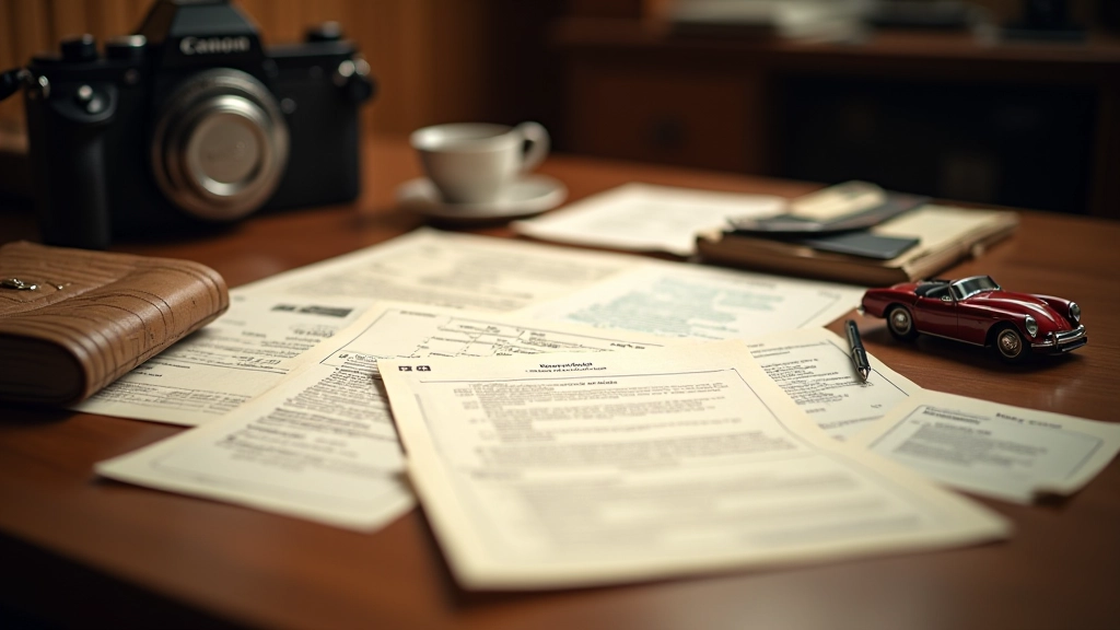 Vintage car documentation spread including original factory paperwork, service records, and VIN plates
