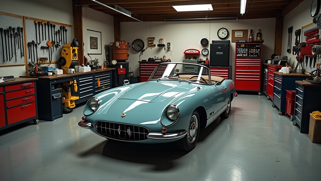 Organized vintage car garage with proper storage setup, climate control equipment, and maintenance tools on wall
