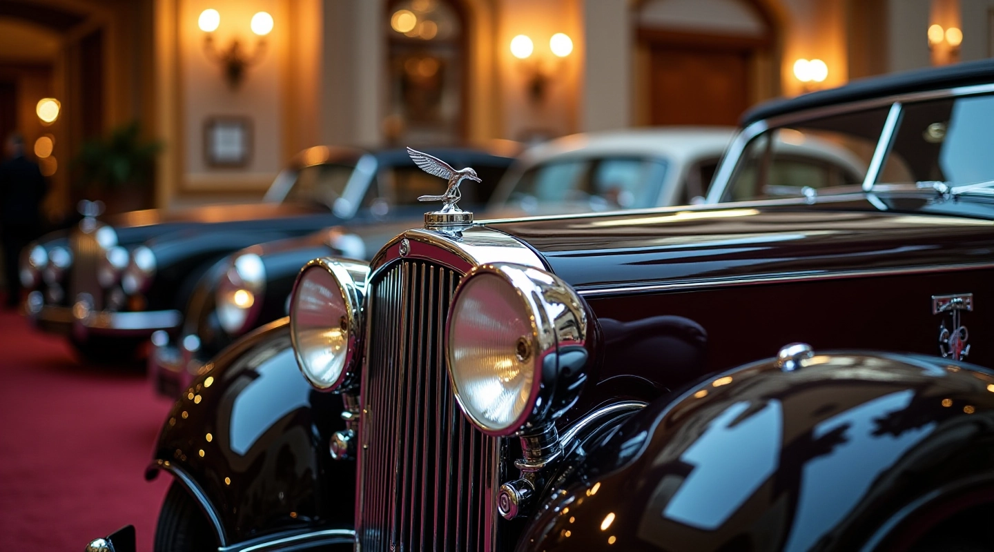 Heritage car displayed at concours event with elegant backdrop