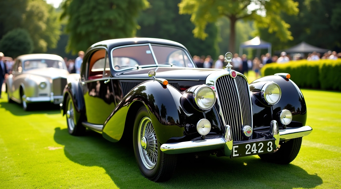 Classic heritage car displayed at outdoor concours event with manicured grounds and collectors in background