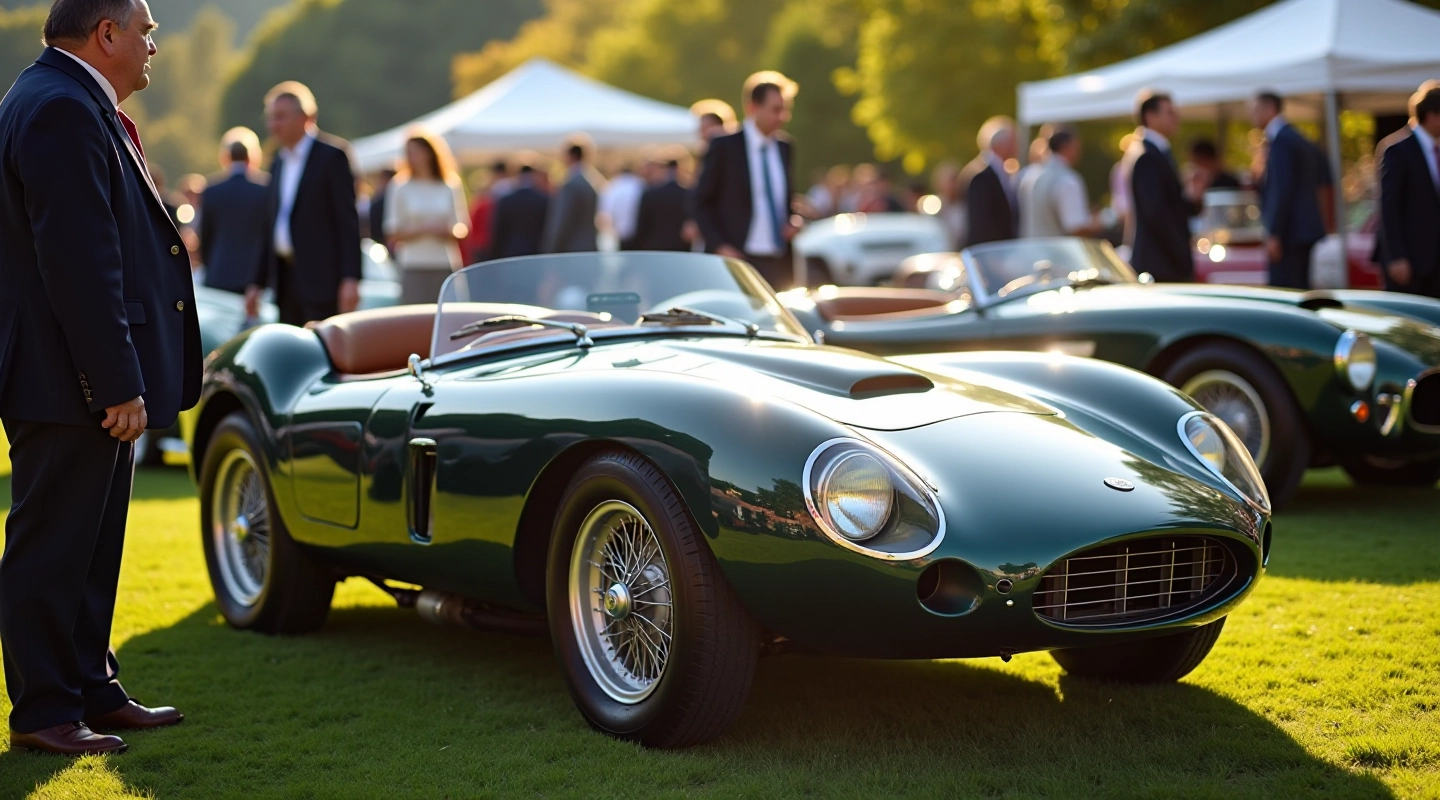 Vintage sports car on display at outdoor car show with collectors viewing in background